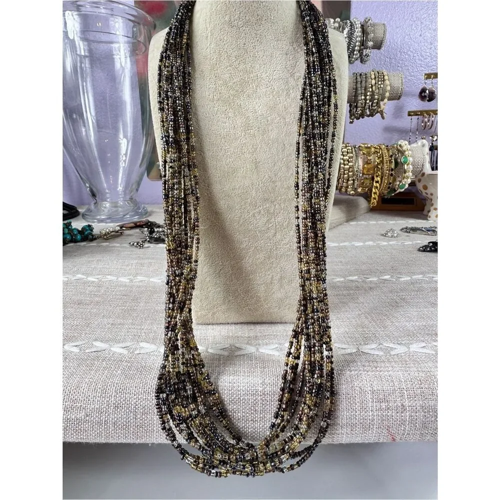 Multi-Strand Seed Bead Necklace in Black and Gold